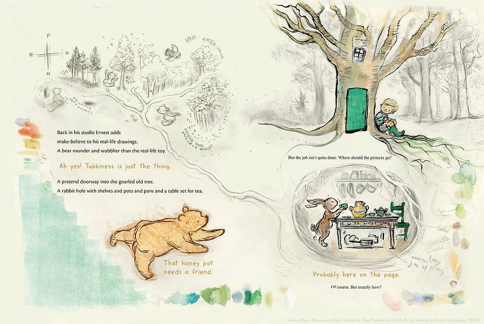 Internal spread - on the left, a penciled map of the "Hundred Acer Woods" with a detailed outline of Pooh at the bottom. On the right, a big tree with a green door and a window and a cut-away of rabbit's den. Christopher sits to the right on the roots of the tree.