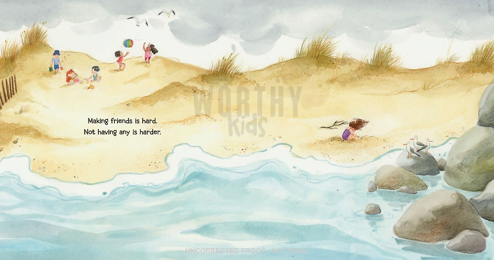 Internal spread - on the left a group of kids playing together at the beach. On the right, a young girl alone, sadly staring at the sand.