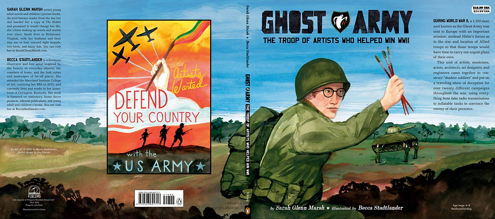 Full cover - on the left a historic poster with a hand rising out of clouds holdng a paintbrush as fighter planes soar to the left and troops march to the right. On the right, an artist soldier holds three paint brushes aloft as others paint a fake rubber tank in the background.