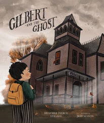 Book cover - a boy stands, with a backpack on, looking a tan and black, multi-story, spooky-looking house, with the curtain blowing out of an upper window.