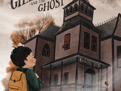 Book cover - a boy stands, with a backpack on, looking a tan and black, multi-story, spooky-looking house, with the curtain blowing out of an upper window.