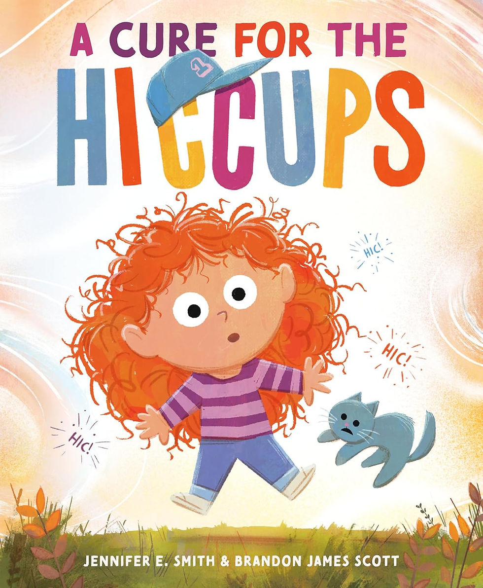 Book cover - a girl with hiccups levitates herself, her hat, and a scared cat.