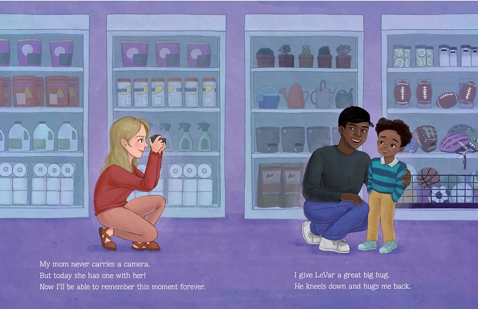 Internal spread - on the left mom crouching with a camera. On the right, Levar Burton kneeling down and hugging Ezra in a store.