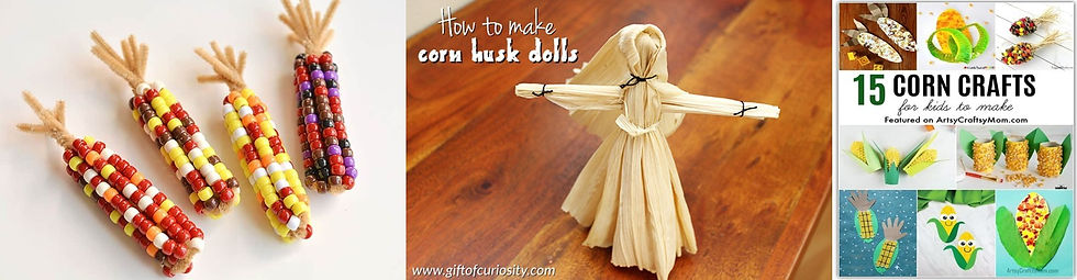 Collage of photos of pipe cleaner corn, a corn husk doll, and 8 of 15 corn crafts.