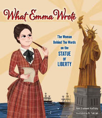 Book Cover - woman standing in the harbor looking at the statue of liberty holding a piece of paper and a pen