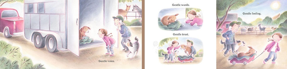 Internal spread - On the left spread, a girl and boy peer into the trailer at a sick and scared baby calf, as their dog and two horses look on.
On the right spread - on the upper left, the girl leans on the trailer bed and talks to the scared calf. On the lower left, the boy lifts the calf into a little red wagon as the girl pats its head and their dog watches.