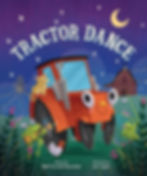 Book cover - in the foreground, an adorable red tractor bounces to music of a frog playing a guitar and a frog singing, while a cat sits on it's fender and a chicken sits by its wheel. In the background is a barn, festooned in lights, the sheep grazing between the barn and the tractor.