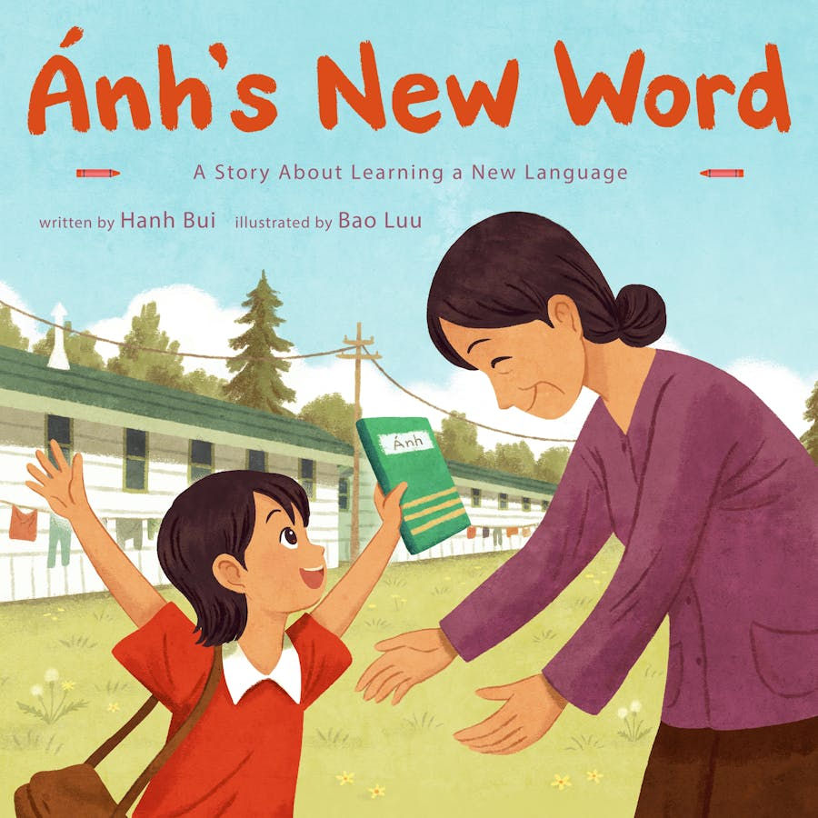 Book cover - girl and grandmother in front of refugee barracks in Penn. U.S. celebrating her first English word.