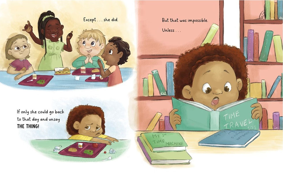 Internal spread - girl wishes not to have angered her friend and then reading in a library about time machines.