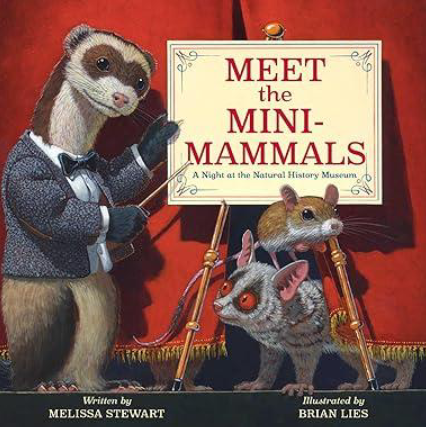 Book cover - a ferret, in a jacket and bowtie, points to a sig on a tripod, as three animals peek from underneath the sign.