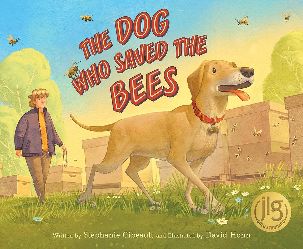 Book Cover - a woman carrying a leash walks behind a dog as they patrol a row of bee hive boxes.