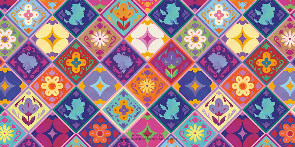 End pages - a spread full of brightly colored tiles with flowers on them six of which include blue outlines of Lobo.