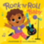Book cover - a baby holding a multicolored guitar next to a rattle "microphone," with music notes floating around him.