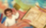 Internal spread - on the left, a boy holds a bound book, as colored pencils float above his shoulder and rose swishes pass in front and behind him. On the right, the book is open to the title page and one of Rembrandt's illustrations, as a graphite pencil rests above the book and rose, yellow, orange, green, and blue swishes move above, under, and over the book.