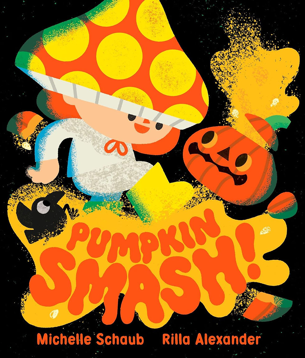 Book cover - a child in a mushroom hat and yellow galloshes, is joined by a crow and carved pumpkin as she splashed about in an orange puddle. 