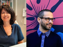 Collage of photos of author Núria Figueras and translator Lawrence Schimel