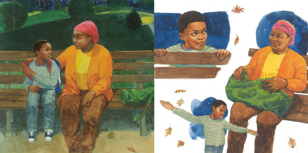 Internal spread - on the left, mom puts her arm around the boy as they settle on a park bench, with the darkening lights of the city and park behind them. On the right, three spot illustrations of the boy peeking over the bench back, mom sitting on the bench, and boy playing in the falling leaves with his arms stretched wide.