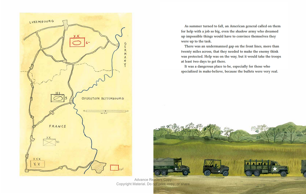 Internal spread - on the left an operations map shpwong the French front line against Germany. On the right, an army caravan of trucks taking the shadow army to their next assignment.