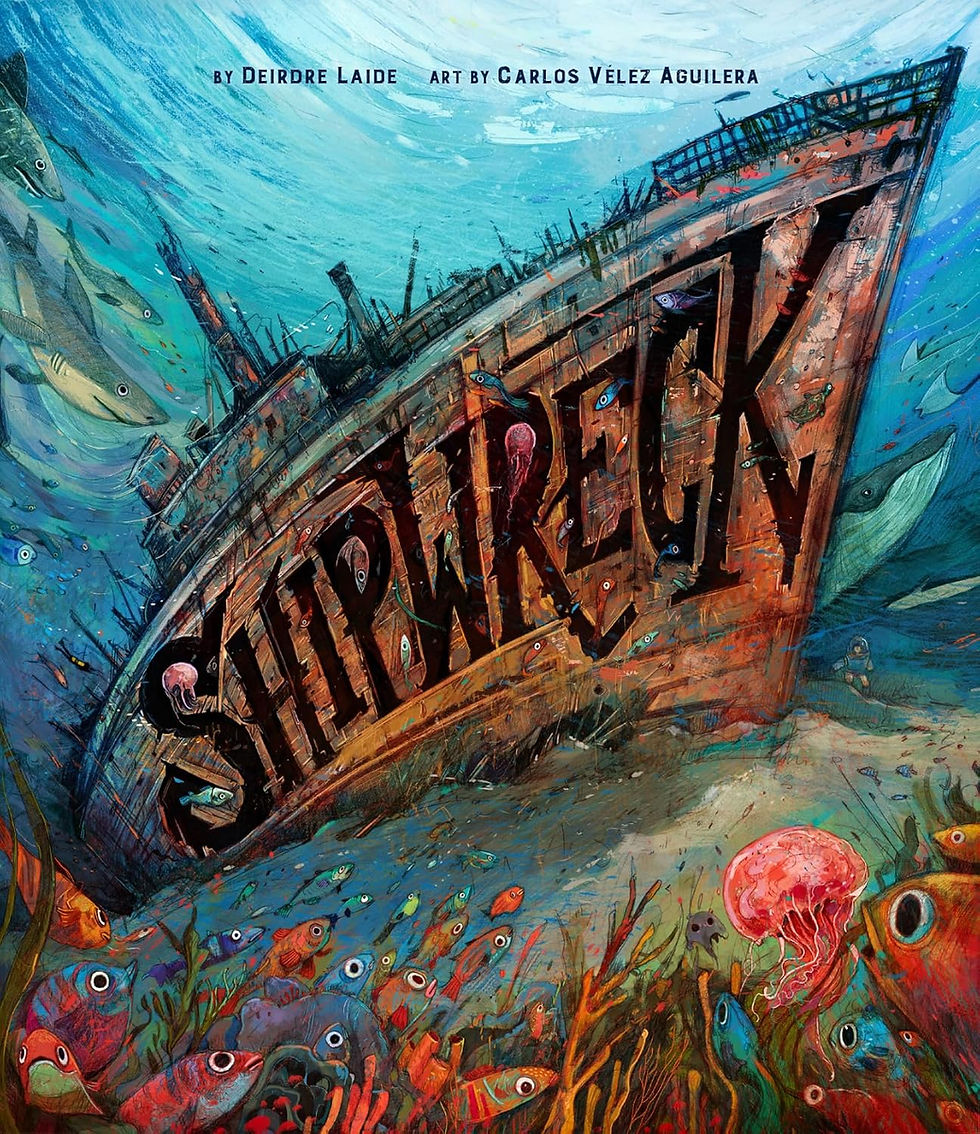 Book cover - Shipwreck sitting on the sandy bottom with the ocean above and fish and coral, and a shark.