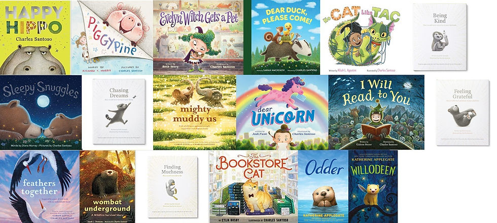 Collage of the covers of 18 of Charles' books.