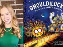 On the left, photo of author Annie Sullivan. On the right, the book cover of a ghoulish girl looking at a house haunted by three ghosts.