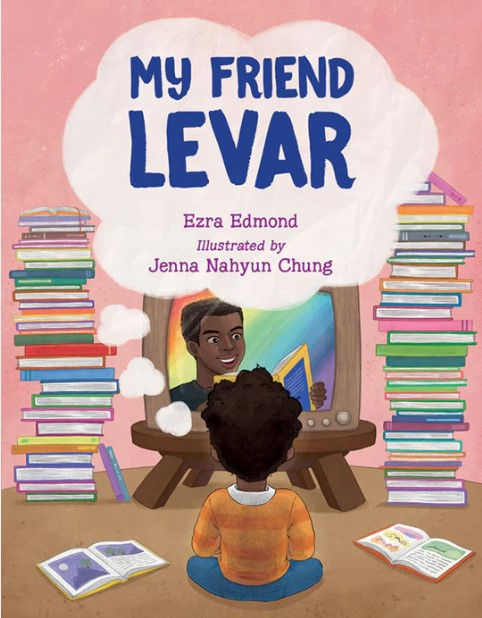 Book cover - a young black boy sitting in front of a TV with LeVar Burton and Reading Rainbow playing. Two giant towers of books sit on either side of the TV.