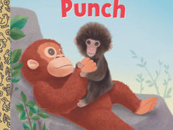 Book cover - on a flat space of a rock tower, a baby macaque monkey sits upon, and hugs, a larger stuffed monkey.