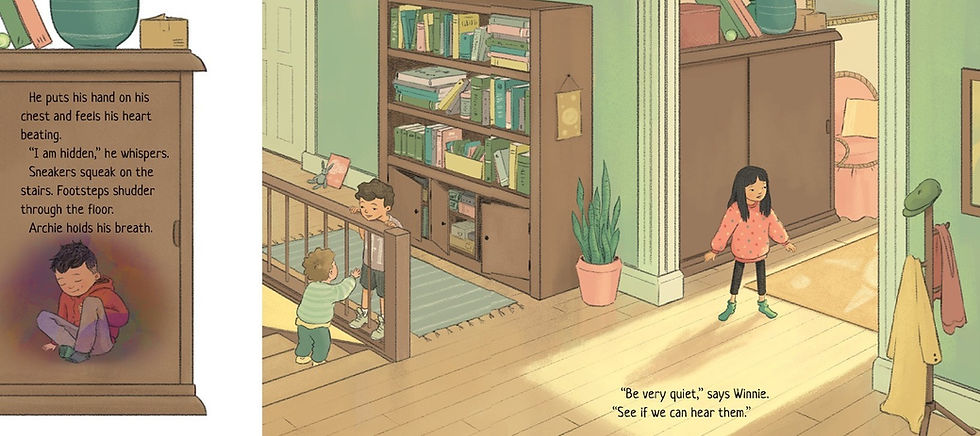 Internal spread - on the left, a boy sits quietly in the dark in a cupboard. On the right, a girl pauses close to the cupboard (listening) and two boys stand by on the stairs and the stair railing, with a bookcase behind him, also listening.
