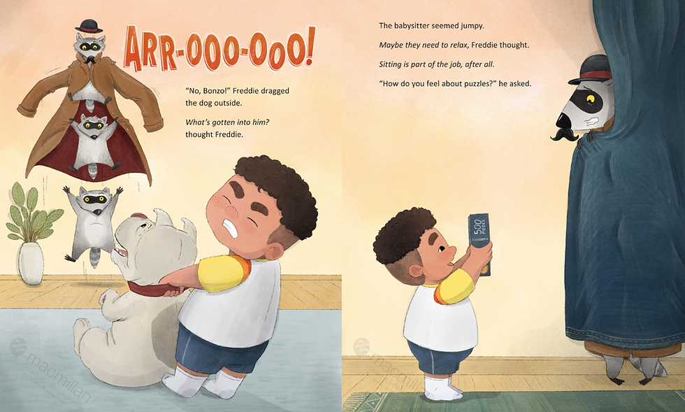 Internal spread - on the left, three raccoons suspended in mid-air as a trench coat flaps about them, as the boy tries to haul this barking dog outside. On the right, the tower of raccoons hide behind a curtain as a boy holds out a puzzle box toward them.