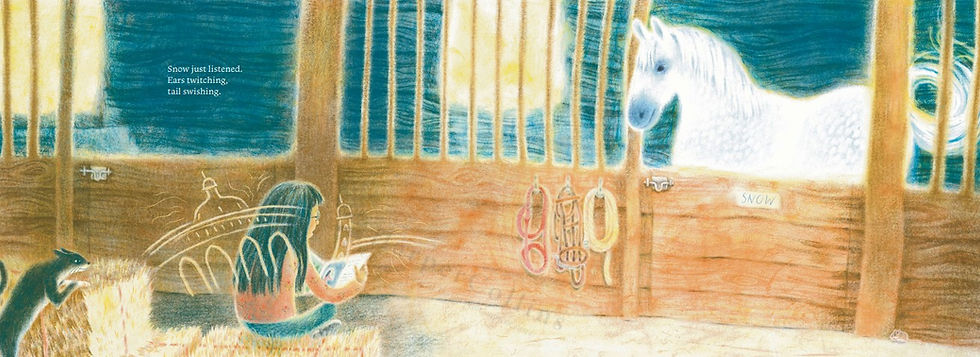 Internal spread - on the left, in a barn, a cat peers over a hay bale stack as a girl sits holding a book. On the right, a white horse looks over its stall door, peacefully focused on the girl.