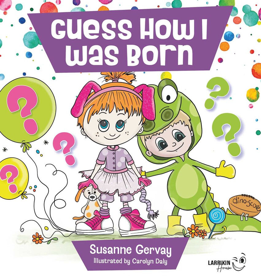 Book cover - A child in a green dinosaur suit and another child in a tutu, pants, sneakers, a floppy puppy ear headband and a cloth tail are surrounded by balloons and question marks.