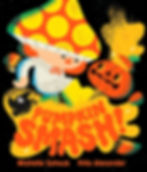 Book cover -  a young kid in yellow galloshes stomps in a orange goo, as a startled crow and scared pumpkin look on.