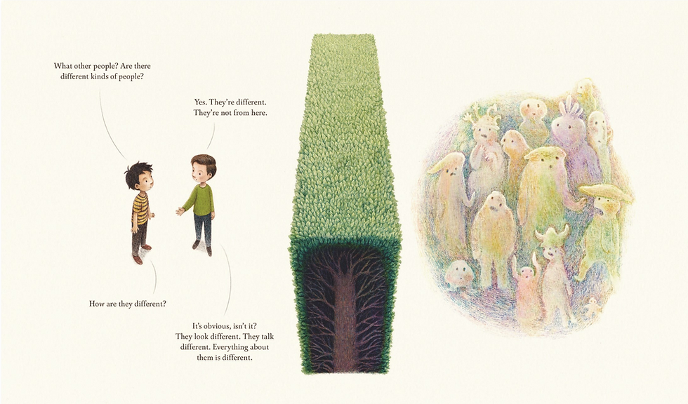 Internal spread - on the left, 2 boys talk near a hedge (running down the gutter). On the right a group of alien, monster-like creatures mill about in a cameo circle.