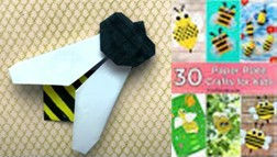 Photo collage - on the left, an origami bee. On the right, an image of six of thirty bee craft activities.