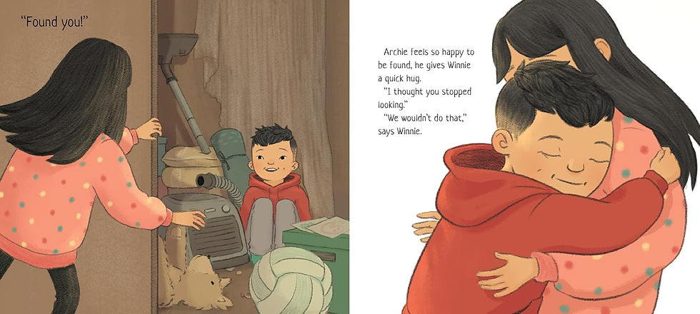 Internal spread - on the left a girl opens the cupboard door and finds the boy hiding there. On the right, the boy tightly hugs the girl .