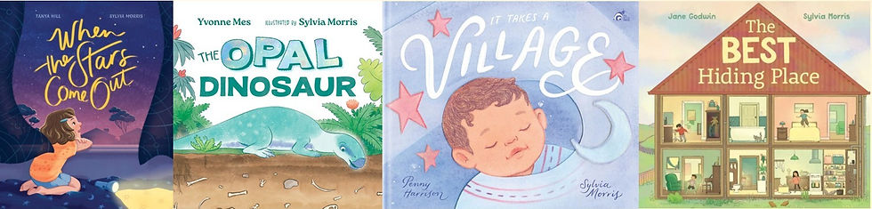 Collage of four covers of Sylvia Morris' books.