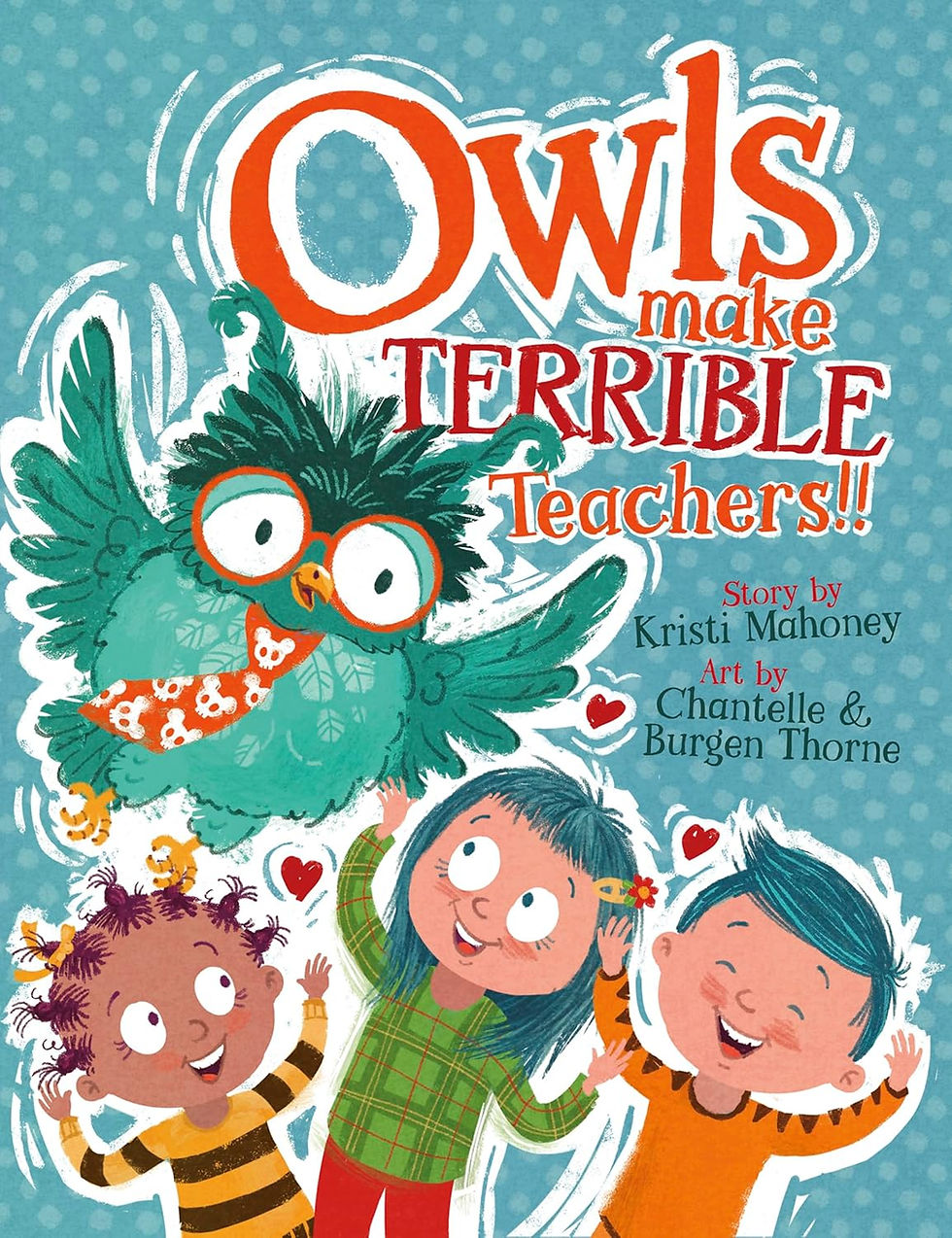 Book cover - three kids cheer as a an owl flys over them wearing a tie and spectacles.