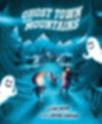 Book cover - two kids and their dog walk down a wooden trail to an old town in the mountains, as ghosts pop out from the trees watching them.
