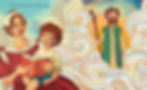Internal spread - on the left, a young boy sits on his mother's lap as she reads him stories from the bible. On the right, amid white swirls, is the boy's imagined image of one of the heroes from the bible. A man, holding a crooked staff, dressed in yellow tunic and a long green vest.