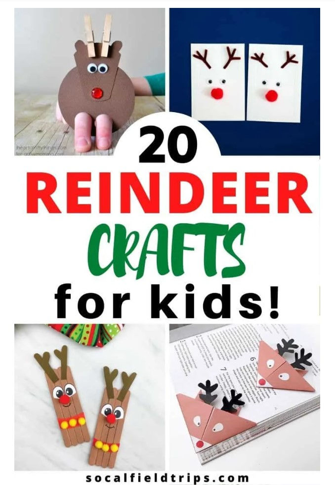 Photo collage of 4 of 20 reindeer crafts.