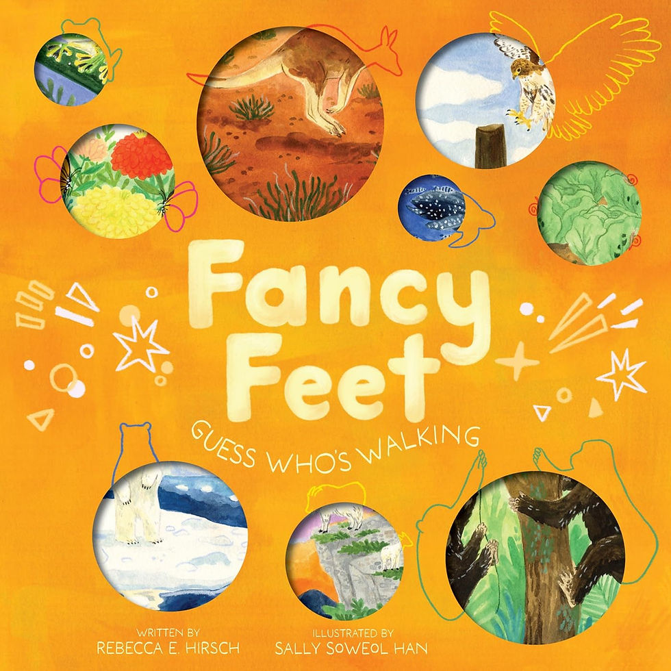 Book cover - various sizes of cut-out circles highlight various animal feet.