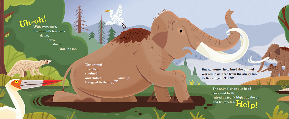 Internal spread - wooly mammoth stuck in the tar pit as other mammoths, a giant sloth, and storks watch.