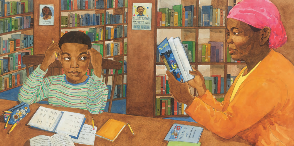 Internal spread - settled at a wooden table, among the library stacks, a boy pauses from doing math homework to look at his mom. She is reading a novel and has a history book in front of her.