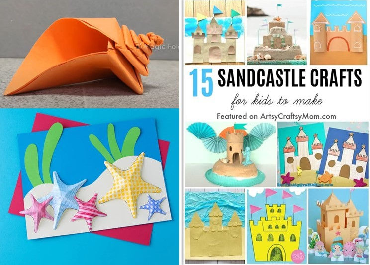 Photo collage of an origami seashell, paper starfish, and 15 sandcastle crafts.