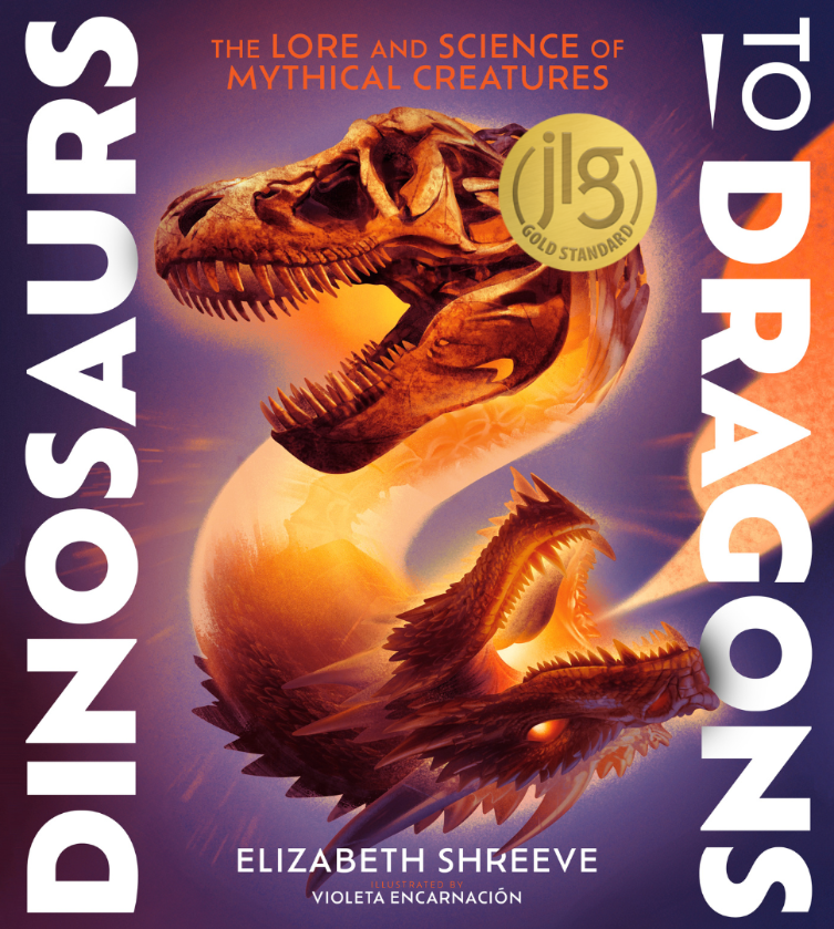 Book cover - in a Ying-Yang type of curve a dinosaur skull has light shining through it and curving in an "s" under it to the skull of a dragon with the light streaming out of its mouth.