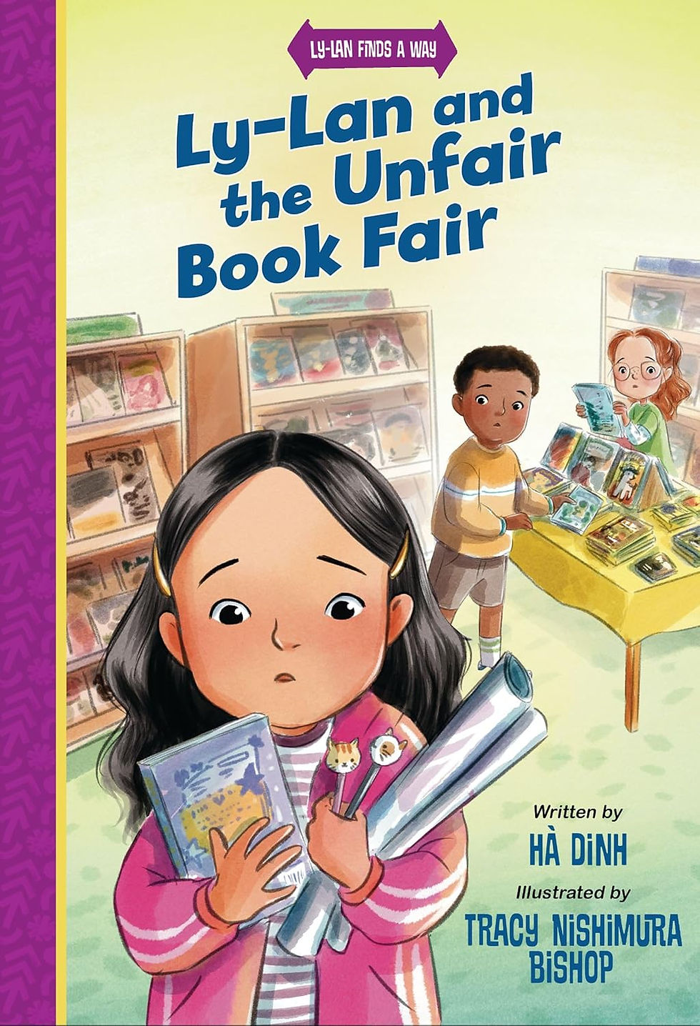 Book cover - three kids in a library at a school book fair. The one in front has a book, poster, and other items clutched in her arms.