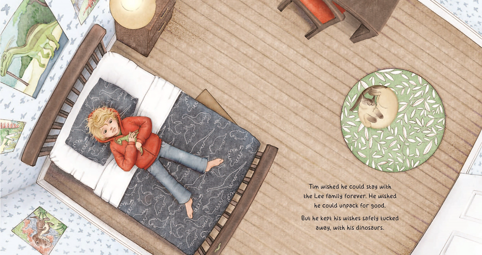Internal spread - an overhead view of a boy lying on top of his bed clutching his dinosaur. Dinosaur photos on the walls, a cat curled on a round throw rug, and the edges of a night table, chair, and desk to the sides.