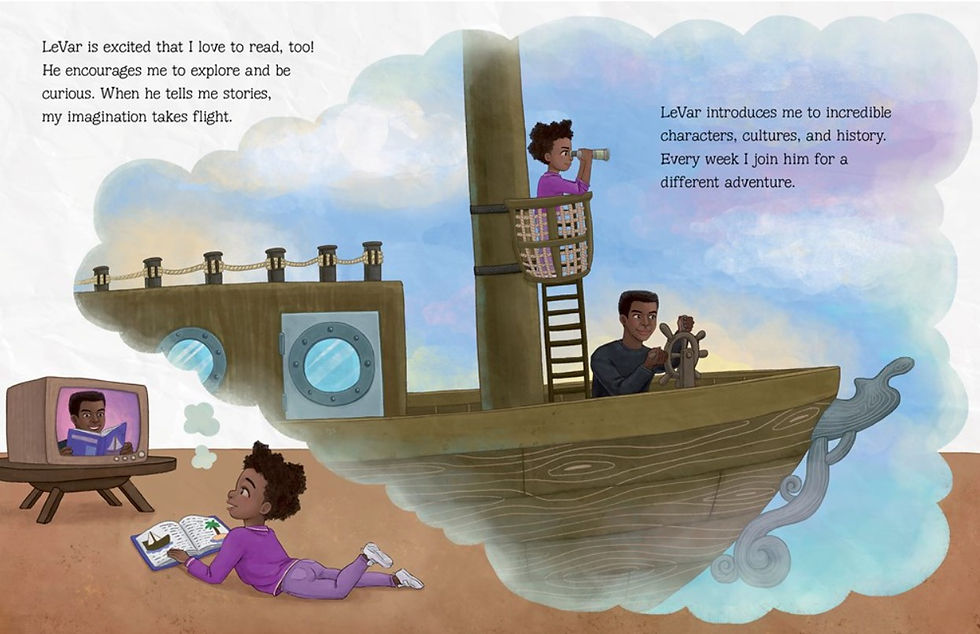 Internal spread - a child laying in stomach with a book watching TV. On the right, child and LeVar Burton in an imagainary adventure in a ship.