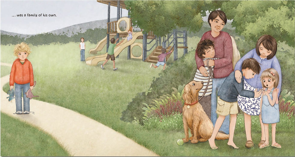 Internal spread - a boy stands, arms drooping hold two dinosaurs, shoes untied, watching a family hug and marvel at an inchworm. With another family in the background on the slide.