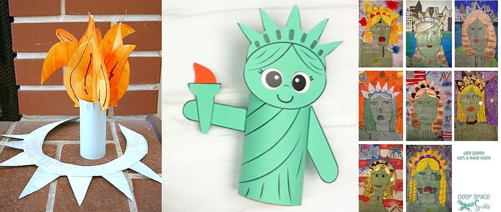 Photo collage of a Statue of Liberty paper crown and torch, toilet paper statue, and collage images of the statue.